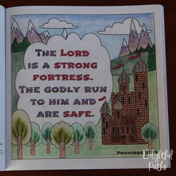 Proverbs adult coloring book from Delightful Paths Proverbs 18:10 NLT