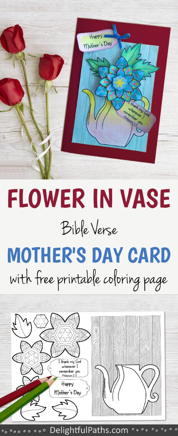 3D flower in vase red mothers day coloring card Php 1-3 with free template for pinterest - DelightfulPaths