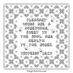 Download this free adult Bible coloring page Proverbs 16:24 from Delightful Paths #freeprintables #coloringpages #bibleverse