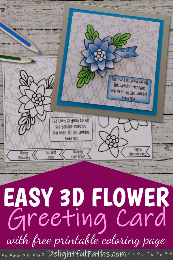 How to make an easy coloring handmade card with 3D flower from free printable. Click here for template and tutorial #coloringforadults #coloringpages #papercraft #printable #handmade