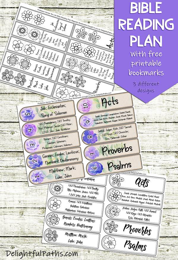 Horner Bible Reading Plan instructions with free printable Bookmarks DelightfulPaths #bible #biblestudy #printables #bookmarks #coloring #watercolor