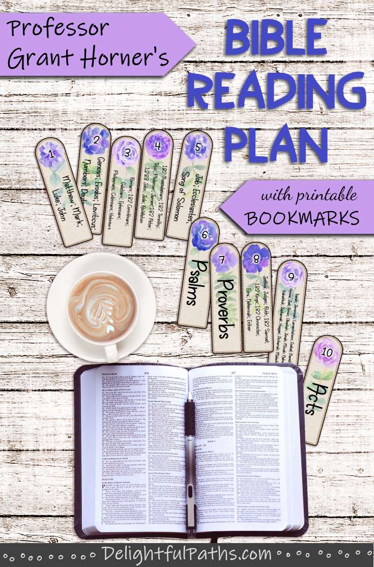 Read the Bible in less than a year with this Bible Reading Plan. Includes instructions and free printable bookmarks DelightfulPaths #bible #biblestudy #printables #bookmarks #coloring #watercolor