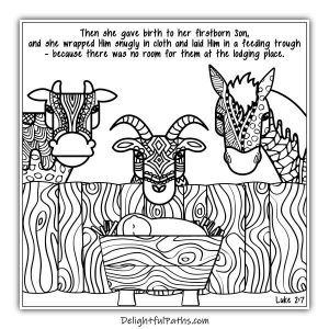 Download this free Christmas adult Bible coloring page Luke 2:7 from Delightful Paths #freeprintables #coloringpages #bibleverse #adultcoloringpages