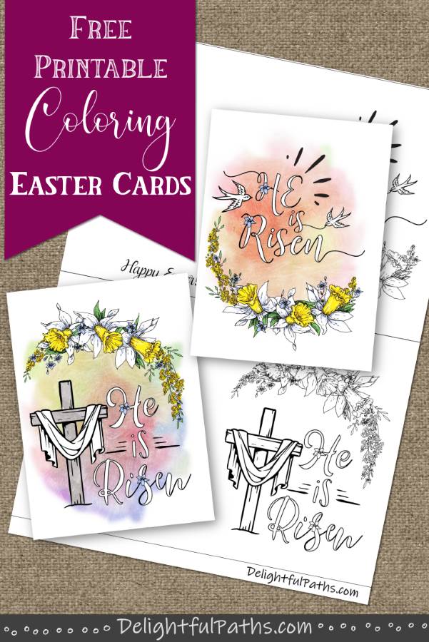 Two He is risen printable Easter cards to color from DelightfulPaths