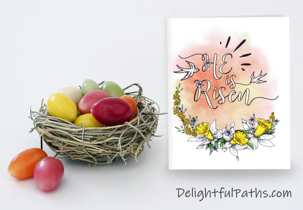 He is risen religious printable Easter card to color from DelightfulPaths