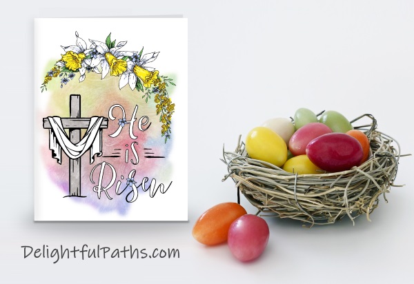 He is risen religious printable Easter card to color from DelightfulPaths