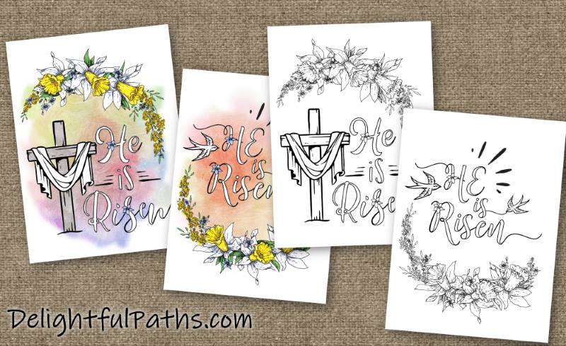 Two He is risen printable Easter cards to color DelightfulPaths