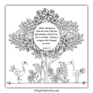 Download this free adult Bible coloring page Galatians 3:13 from Delightful Paths #freeprintables #coloringpages #bibleverse #adultcoloringpages